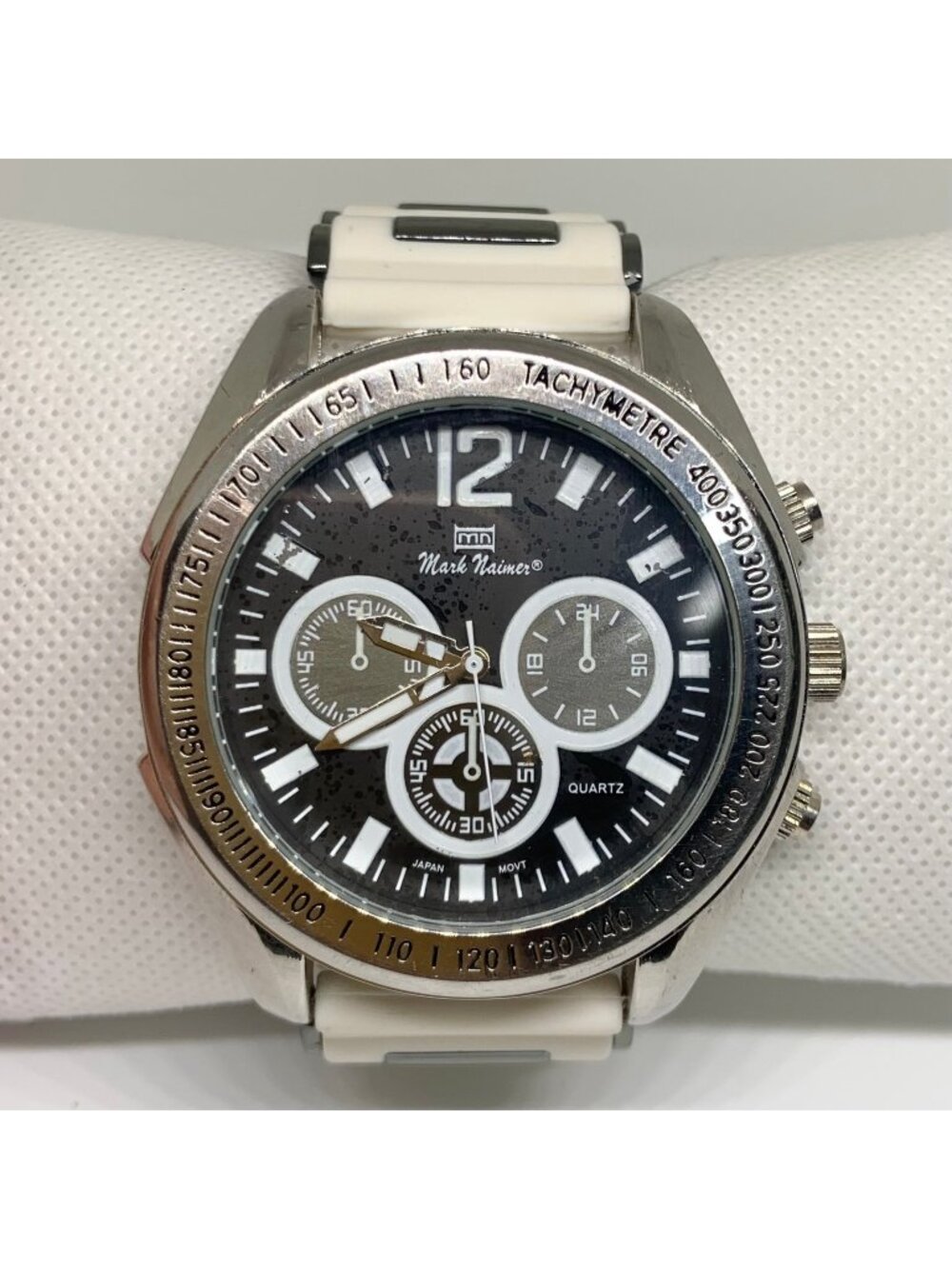 Mark Naimer men’s watch 48mm SilverTone black dial quartz silicone band running
